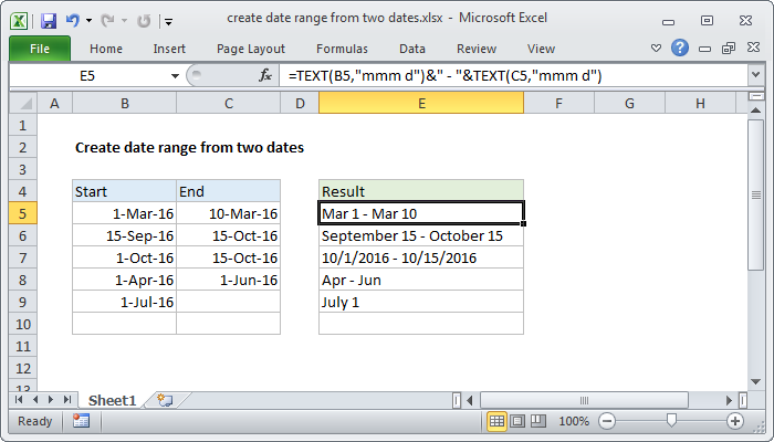Excel formula Create date range from two dates Exceljet